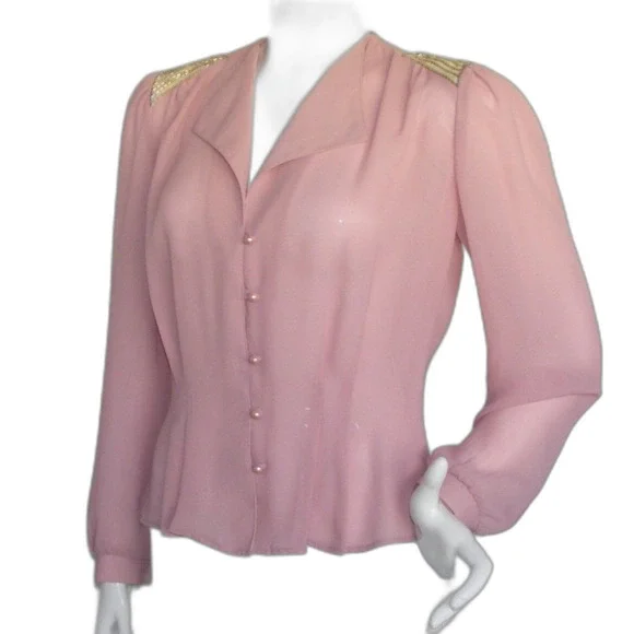 Vintage Blouse, M, Pink, Sequin statement Shoulders, Long sleeve, button front - Picture 3 of 11